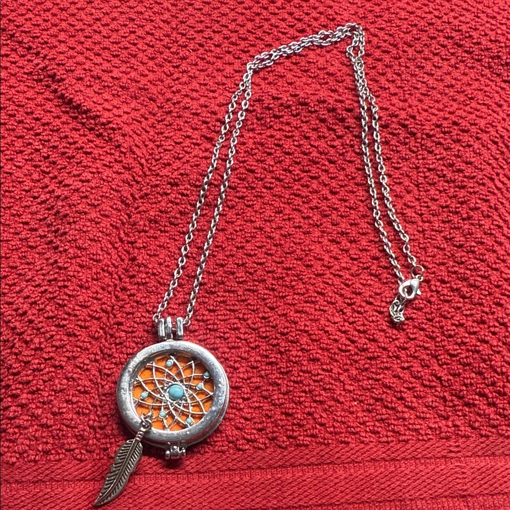 Bohemian Silver and Orange Dreamcatcher Necklace